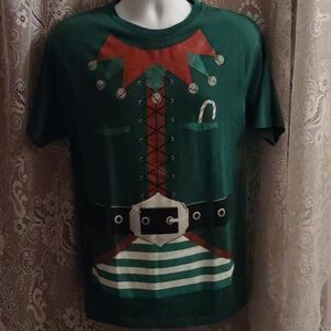 Holiday Time Men's M Green Elf T-shirt Candy Cane Faux Belt‎